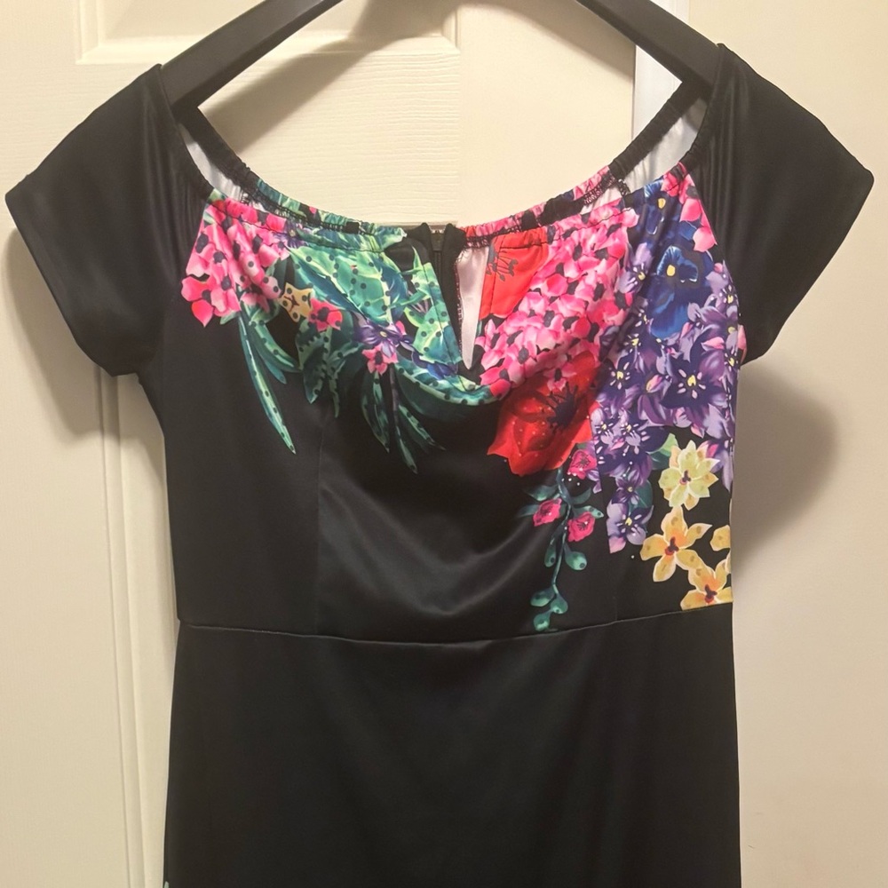 Black Floral Midi Dress with Vibrant Hem